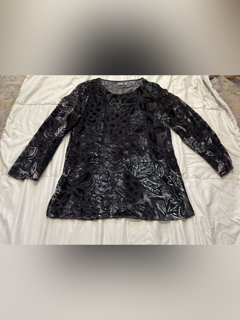 Chico's Black Velvet Burnout Floral Long Sleeve Top